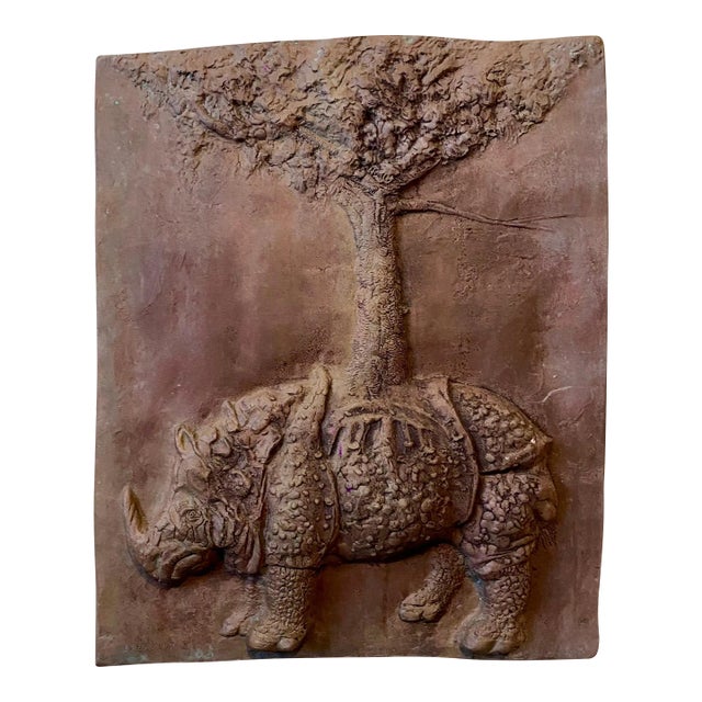 Leonard Baskin, Bronze Sculpture Relief Rhinoceros with Tree American Modernist Leonard Baskin, 1967 For Sale