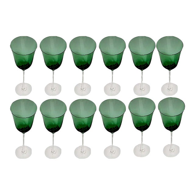 Green Glass Water Goblets Made in Czech Republic - Set of 12 - Christmas Dining For Sale