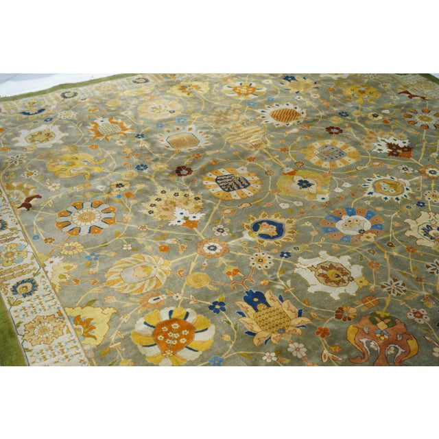 Early 20th Century Antique Hand Knotted Green Tabriz Rug 9'7'' X 11'11'' For Sale - Image 5 of 10