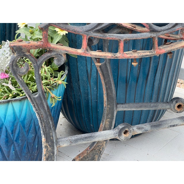 19th Century Antique Cast Iron Park Bench Ends With Scrollwork 27.25" Small Garden Bench Side Legs Set of 2 Worn For Sale - Image 5 of 13