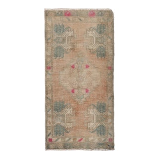 Vintage Turkish Door Mat Rug With Soft Teal & Blush Motifs For Sale
