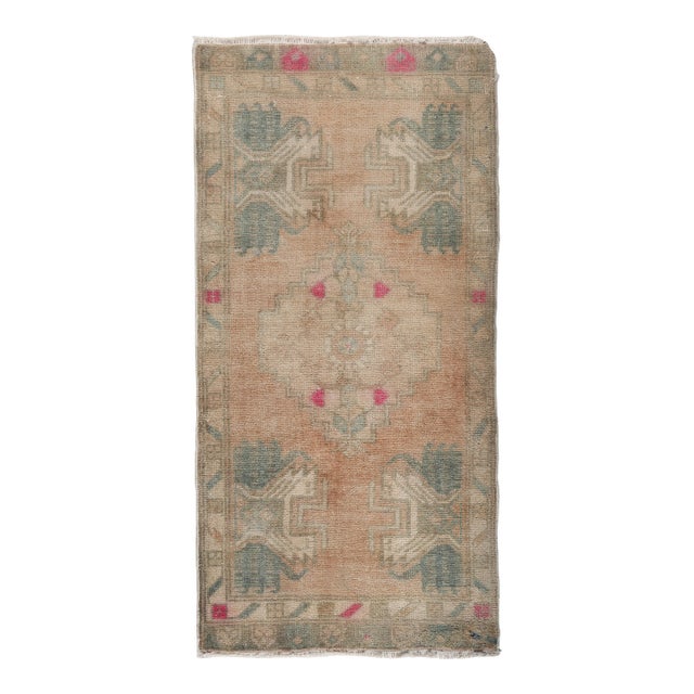 Vintage Turkish Door Mat Rug With Soft Teal & Blush Motifs For Sale