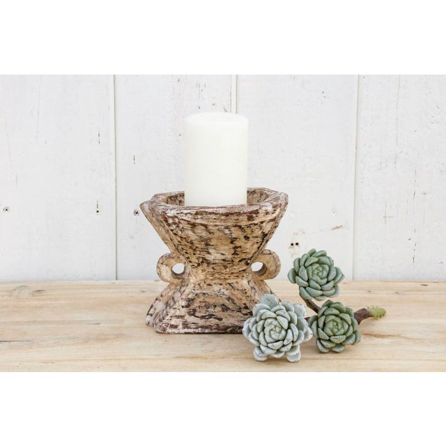 These rustic, antique hand-carved teak Bijani three hole seeder. A traditional farm tool from India, re-purposed as a...