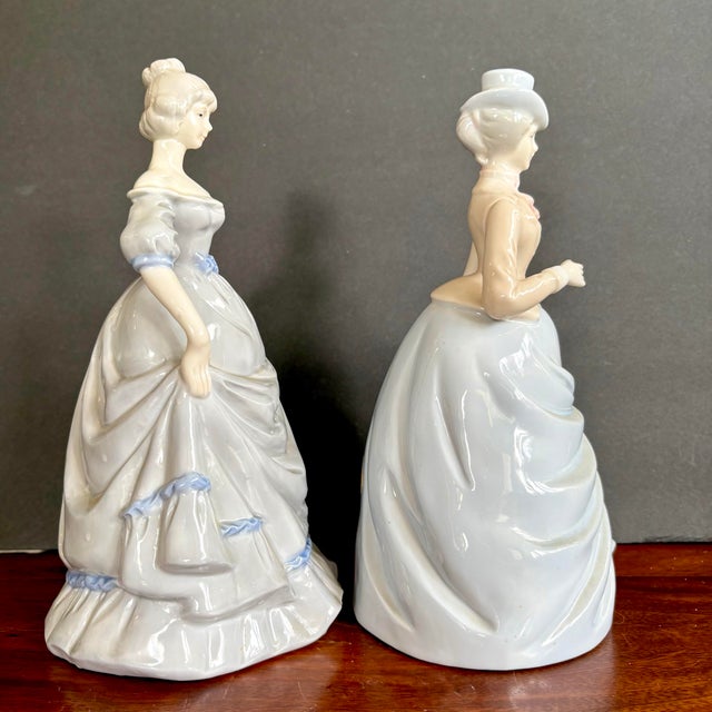 1970s Pair of Vintage Victorian Lady Porcelain Figurines in Blue Gowns, 9.5” Tall For Sale - Image 5 of 8