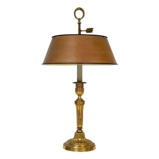 19th Century Louis XVI Style Ormolu Bouillotte Lamp, Ochre Tole Shade For Sale