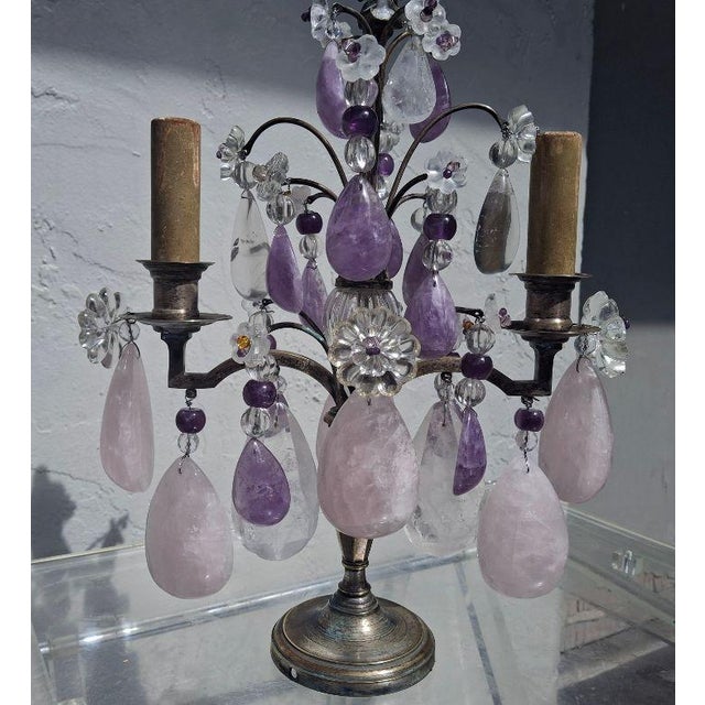 Maison Baguès 19th Century Opulent French Louis XV Huge Natural Rose Quartz, Amethyst and Clear Quartz Rock Crystal Girandole, Table Lamp For Sale - Image 4 of 18