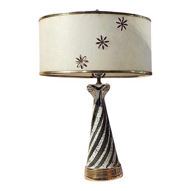 Mid Century Modern Tall Striped Ceramic Table Lamp With Shade For Sale