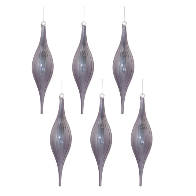 Contemporary Gray Ribbed Glass Drop Ornament (Set of 6) For Sale - Image 3 of 3