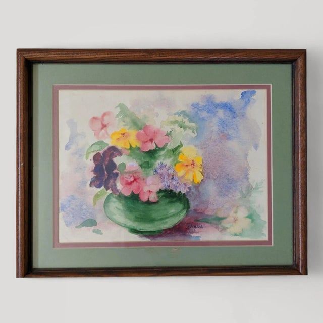 Vintage Original Watercolor Painting of a Bouquet of Flowers in a Vase Signed and Dated by the Artist, Diane 15"W x 12"H
