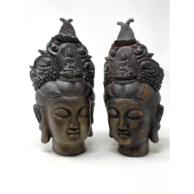 Chinese Antique Guan Yin Bodhisattva Bronzed Iron Head Figures - Set of 2 For Sale - Image 3 of 10