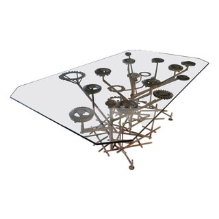 1980s Glass Top Dining Table with One of a Kind Steel Rebar Base For Sale