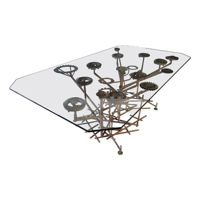 1980s Glass Top Dining Table with One of a Kind Steel Rebar Base For Sale