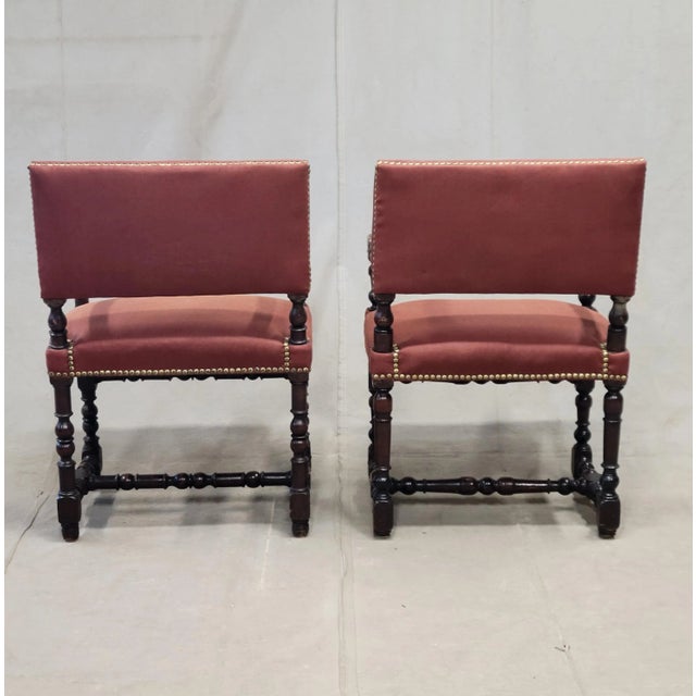 Traditional Antique European Renaissance Revival Chairs With Terracotta Linen Upholstery - A Pair For Sale - Image 3 of 14