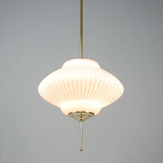 Mid-Century Modern Ribbed Milk Glass and Brass Globe Pendant from Stilnovo For Sale - Image 9 of 18