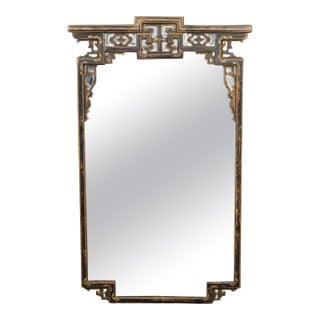 Mid 20th Century English Painted Mirror with Carved Crest and Chinoiserie Inspired Motifs For Sale