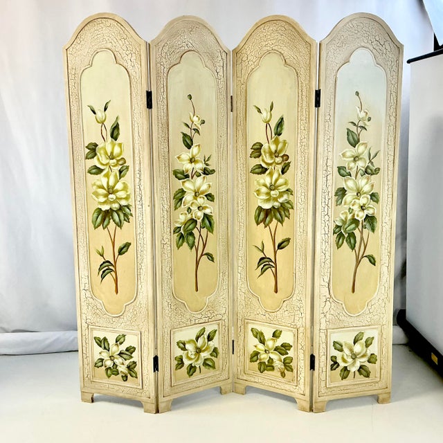 Hollywood Regency 1980s Vintage Boho Chic Hollywood Regency Coastal Hand Painted Magnolia Room Divider Screen For Sale - Image 3 of 12