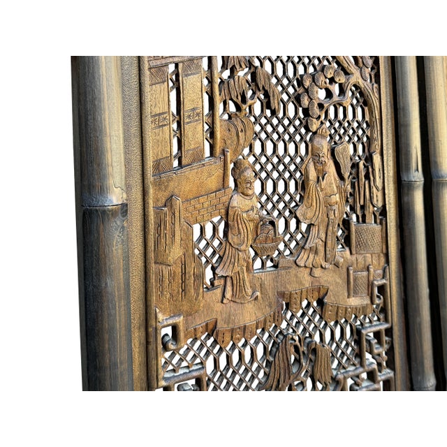 Vintage Finish Openwork Figural 4 Panels Wood Floor Screen Room Divider For Sale - Image 9 of 13