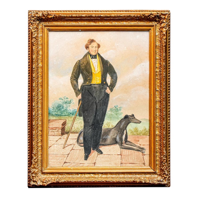 Amazing Antique English School Portrait Gouache Watercolor Painting of Aristocratic Man With Dog Framed Wall Decor For Sale