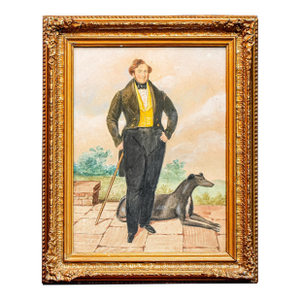 Amazing Antique English School Portrait Gouache Watercolor Painting of Aristocratic Man With Dog Framed Wall Decor