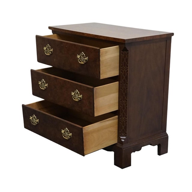 Late 20th Century Baker Furniture Solid Burled Walnut Traditional Chippendale Style 30" Three Drawer Nightstand For Sale In Kansas City - Image 6 of 12