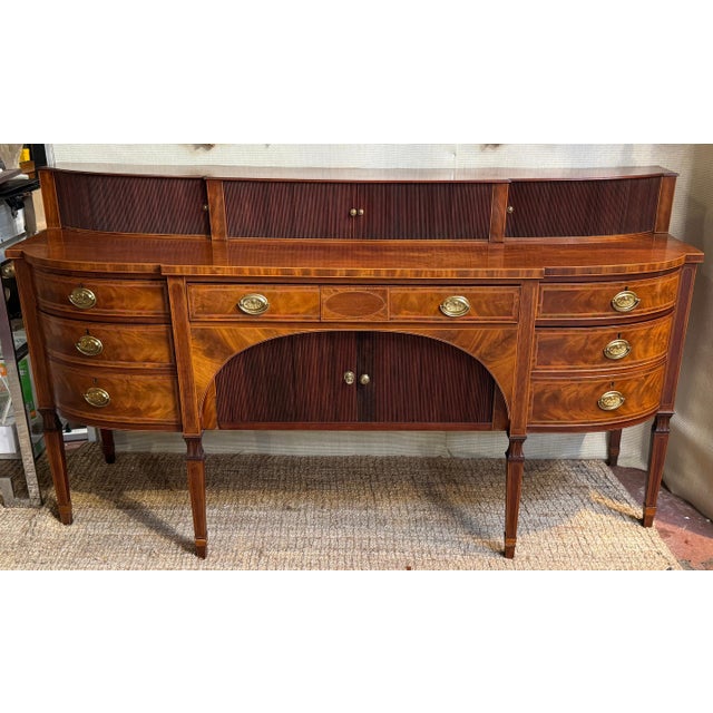 English Georgian Revival Mahogany & Satinwood Inlaid Tambour Sideboard with Multiple Compartments, Late 19th Century This...