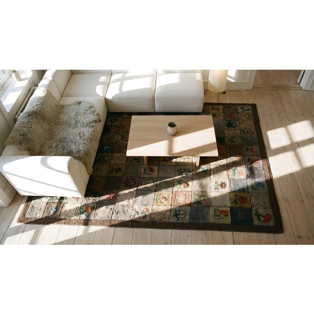 Dark Gray Fabuluos Gray Background With Inverted Flower Lines Checks Pattern Antique American Hooked Rug For Sale - Image 8 of 8