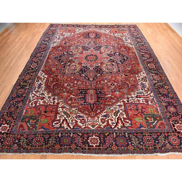 Traditional 1920 11'x14'7" Red Antique Persian Heriz Even Wear Wool Hand Knotted Oversized Rug For Sale - Image 3 of 10