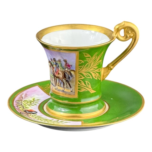 Antique French Hand-Painted Porcelain Cup and Saucer from Befos, 1800s, Set of 2 For Sale