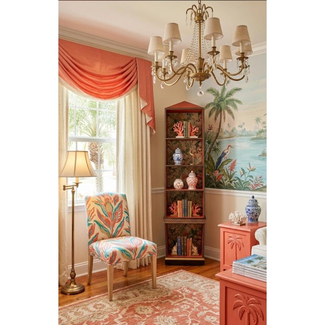 Vintage Tall Pagoda Obelisk Top Red Chinoiserie Custom Wallpapered Etagere by Chelsea House For Sale - Image 13 of 13