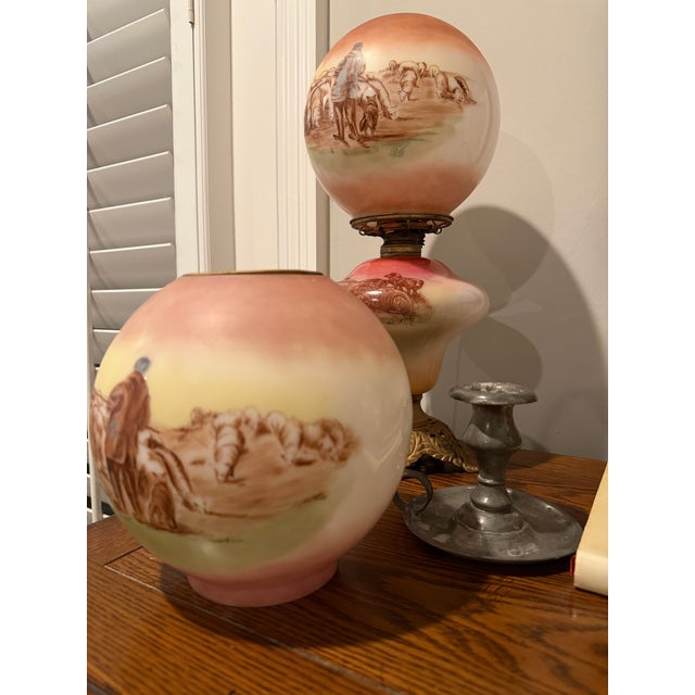 Victorian Rare Antique Victorian Gone With the Wind Lamp Matching Hand-Painted Companion Shades For Sale - Image 3 of 15