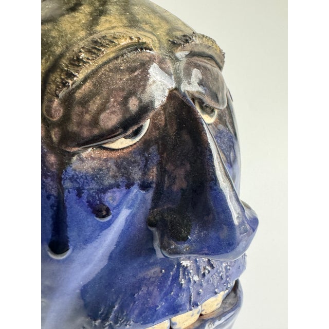 Vintage Georgia Folk Pottery Face Jug by Dal Burtchaell – Blue Glaze Sculptural Pitcher – Southern Folk Art For Sale - Image 9 of 12