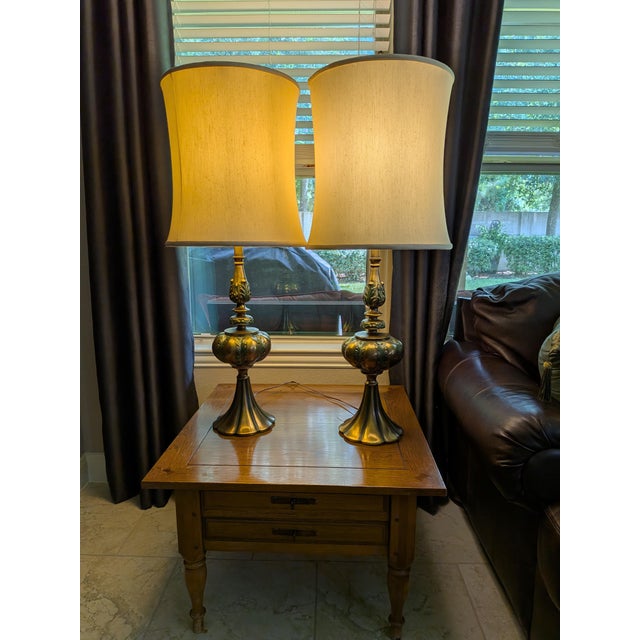 Brass Mid 20th Century Hollywood Regency Rembrandt Brass Lamps With Original Shades - A Pair For Sale - Image 8 of 12