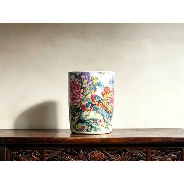 Art Deco Chinese Ceramic Pot,Tongzhi Marked Famille Rose Porcelain Brush Pot Hand Painted Rooster and Peony Flowers Pattern For Sale - Image 3 of 10