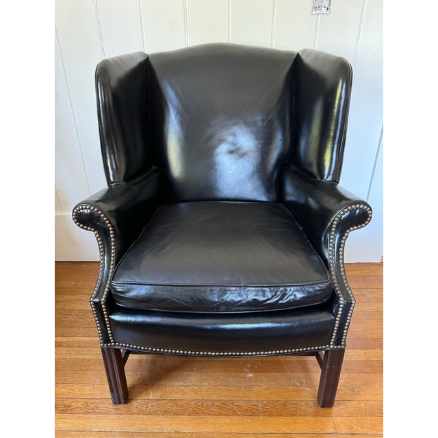 Traditional 1950s Georgian Style Black Leather Wingback Chair For Sale - Image 3 of 12