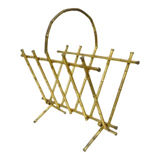 Mid 20th Century Vtg Italian Hollywood Regency Gold Gilt Faux Bamboo Tole Magazine Rack Holder For Sale