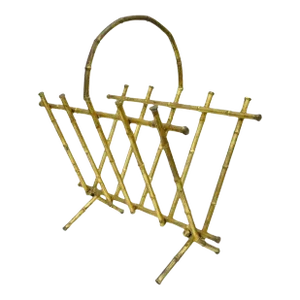 Mid 20th Century Vtg Italian Hollywood Regency Gold Gilt Faux Bamboo Tole Magazine Rack Holder