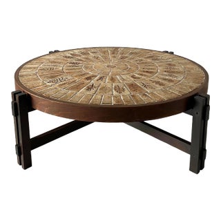 1960s French Mid Century “Les Herbiers” Round Ceramic Tile and Walnut Coffee Table by Roger Capron For Sale