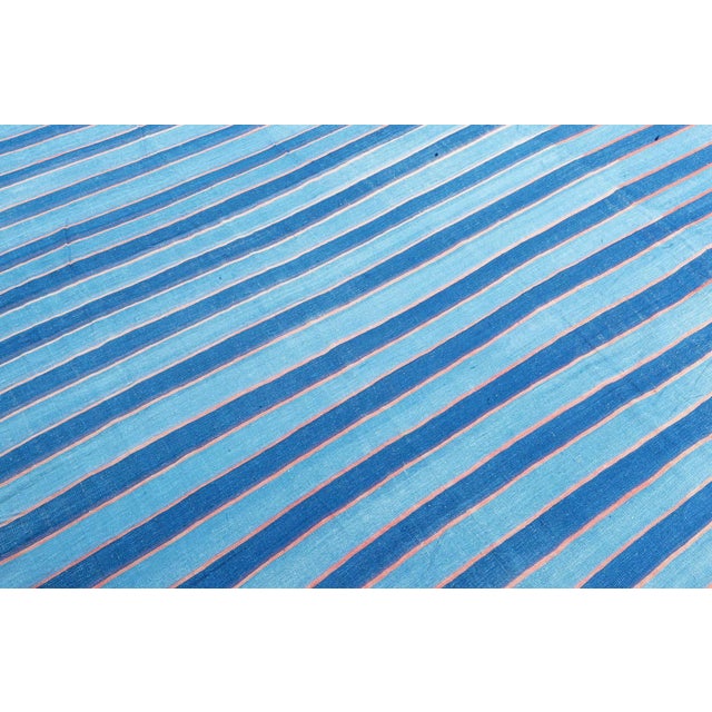 Mid 20th Century Doris Leslie Blau Vintage Indian Dhurrie Striped Blue Rug For Sale - Image 5 of 7