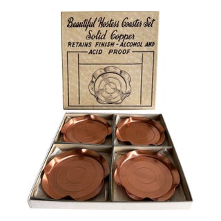 Cute Vintage 1950s–60s Solid Copper Coasters, Set of 4 With Original Box For Sale