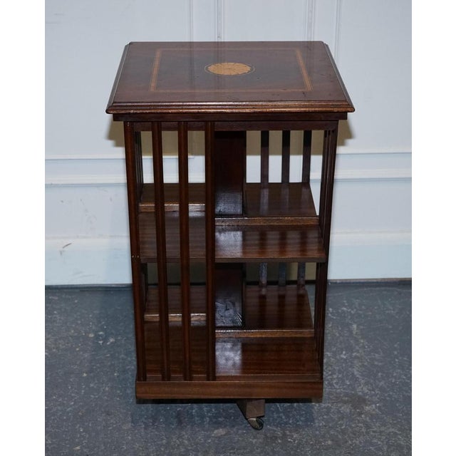 Mid-Centry Sheraton Revival Inlaid Revolving Bookcase End Table on Castors For Sale - Image 11 of 17