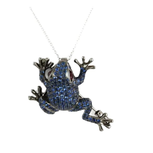 Sapphire & Ruby 18k White Gold Frog Brooch/Necklace For Sale