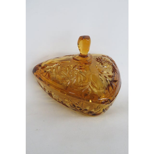 Hazel Atlas Amber Glass Lidded Triangle Dish With Embossed Leaf Pattern 5085b For Sale - Image 12 of 14