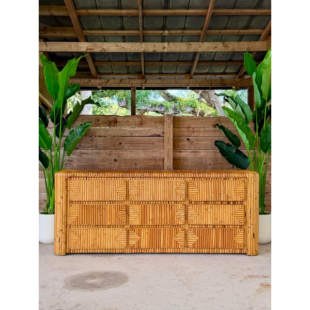 Vintage Restored Waterfall Split Rattan 9-Drawer Dresser For Sale - Image 11 of 12