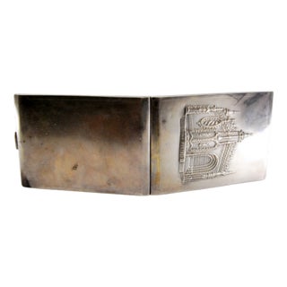 Matte Silver Cigarette Case with High Relief Depicting the Monastery of Tomar and a Hinged Lid. For Sale
