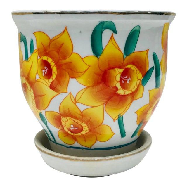 1980s Hand-Painted Planter or Orchid Pot With Daffodil Floral Design For Sale