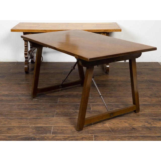 French 19th Century Walnut Console Table with Trestle Base and Iron Stretchers For Sale - Image 10 of 12