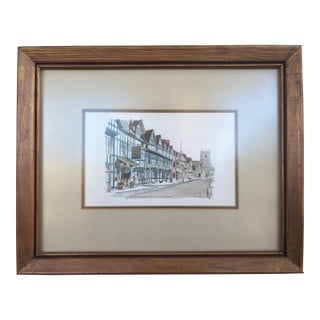 Vintage 1977 English Street Scene Watercolor of Shakespeare Hotel & Guild Chapel For Sale