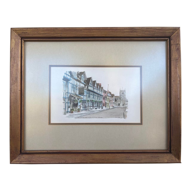 Vintage 1977 English Street Scene Watercolor of Shakespeare Hotel & Guild Chapel For Sale