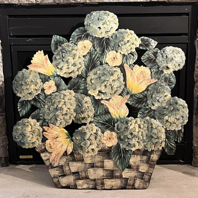 Vintage Metal Toleware Hand Painted and Signed Blue Hydrangea Fireplace Screen / Dummy Board For Sale - Image 4 of 12