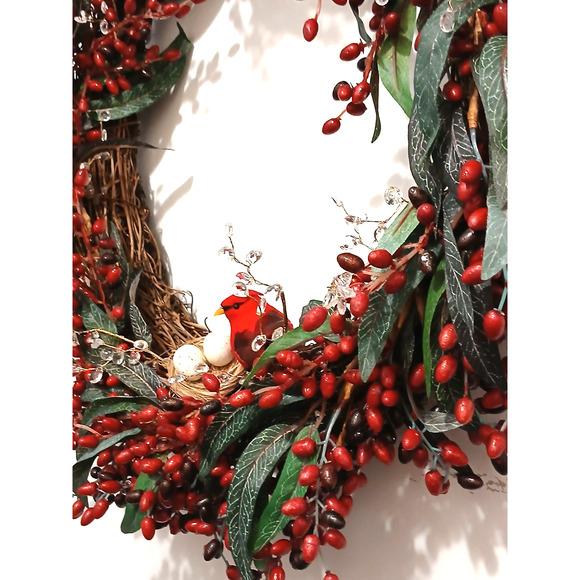 2020s Winter Berries Door Wreath Realistic Red Cardinal‎ Egg Nest Holiday Ice Crystals For Sale - Image 5 of 15